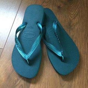 Havaianas Top Metallic Green Teal Flip Flops 39/40